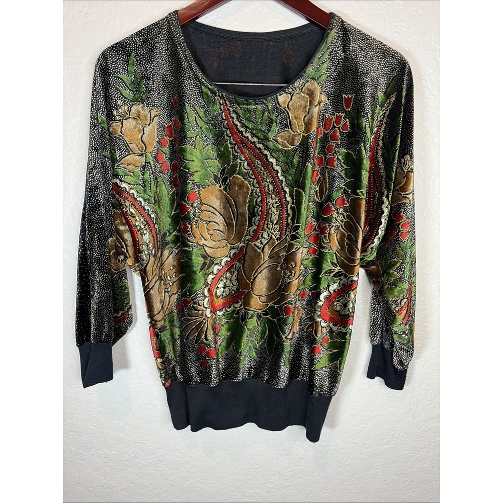 Vintage 80s  Women's Black Batwing Floral Glitter Velvet Blouse, S